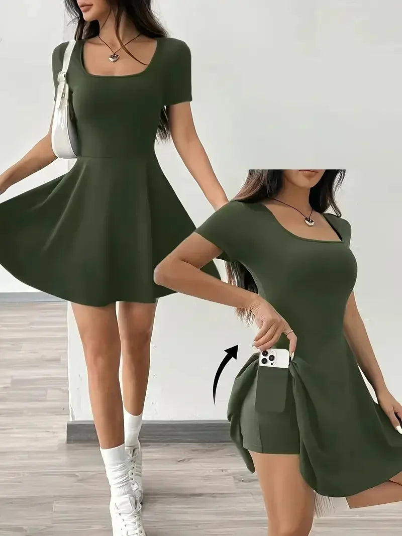 Summer 2025 Brown Knitted Short Casual Dress Mini Skirt Length Polyester Fiber Square Collar Empire Waistline Regular Sleeve