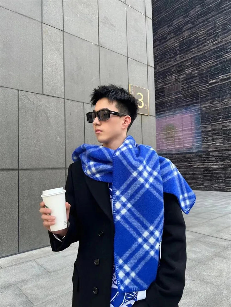 Scarf Shawl Double-Faced Plaid Wool Scarf Neck Warmer Soft Comfortable Fashion Long Scarf for Men and Women