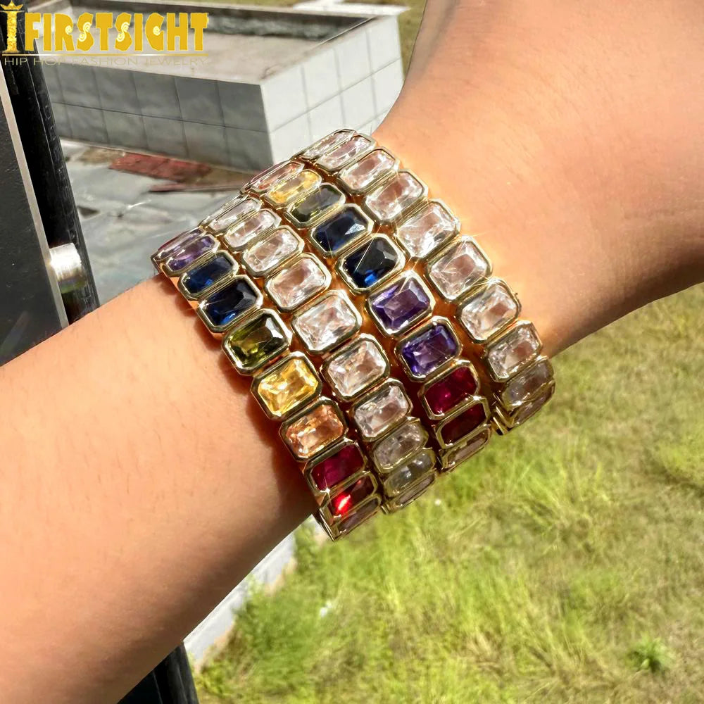 New Iced Out Bling CZ Geometric Stretchy Stretch Double Tennis Chain Bracelet Adjusted Size Bangle For Women Fashion Jewelry
