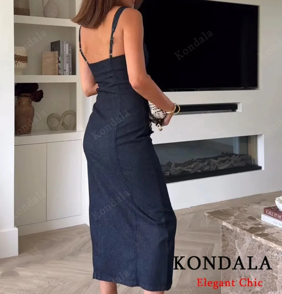 KONDALA Elegant Denim Suspender Dress Women's Single Breasted Hip Wrap Slim Dress 2025 Spring Summer Casual Versatile Lady Dress