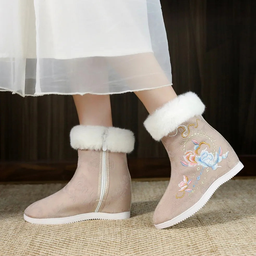 Winter Fashion Shoes Embroidered Fur Boots For Woman Bota Ancient Costume Botines Para Mujeres Hanfu Women's Boots Botas Mujer