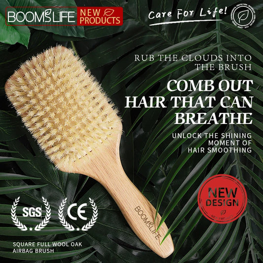 BOOMSLIFE Boar Bristle Hair Brush Square Paddle Scalp Massage Hairbrush USA Oak Wood Comb for Hair Women Barber Beauty Hair Care