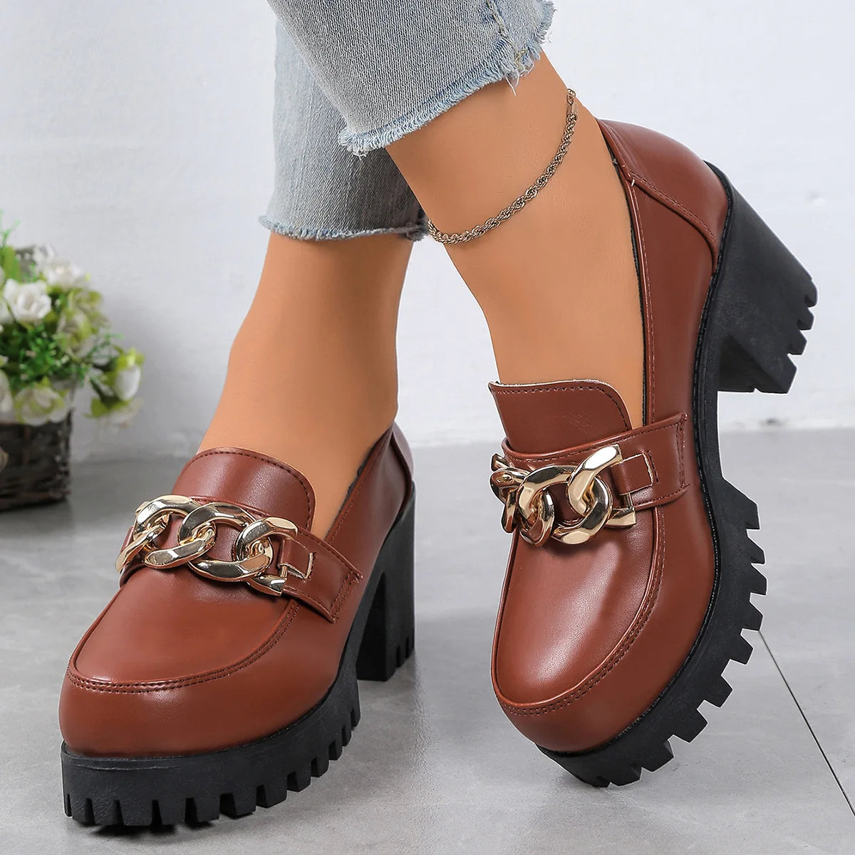 Women's Large Size Thick Heel Slip-On round Toe Leather Shoes Spring Autumn New Style Korean Style PU Leather Mid Heel