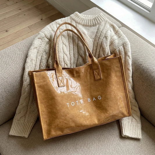 Women's Glossy Leather Tote Bag Letter Print Large Capacity Casual Commuter Shoulder Bag Fashion Daily Shopping Handbag 2026