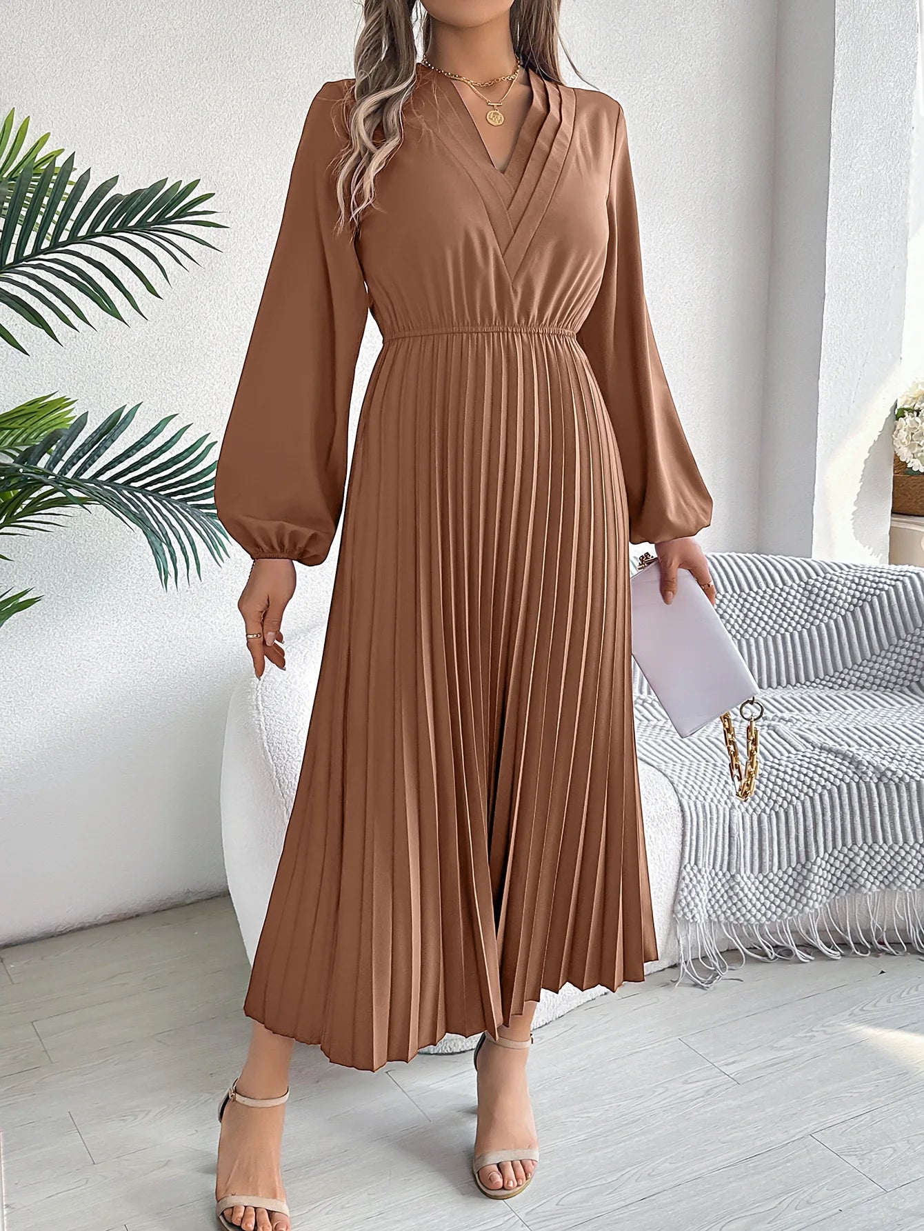 Women's Elegant Solid Color V-Neck Waist-Cinching Long Sleeve Midi Dress with Pleated Ruffles | Spring Autumn Fashion