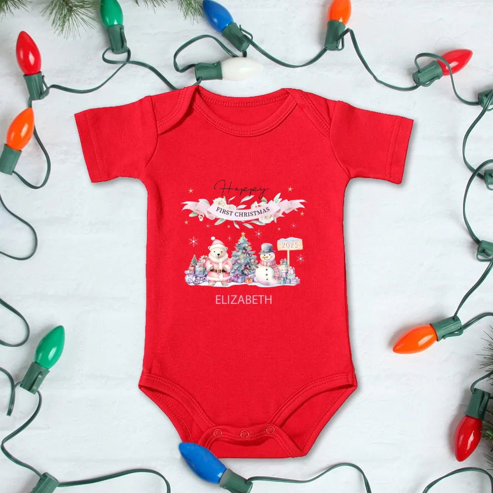 My First Christmas Outfits Custom Baby Name 2025 Christmas Rompers for Babies Cotton Unisex Short Sleeve Xmas Bodysuit