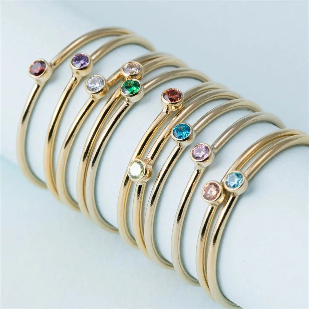 14K Gold Plated Stainless Steel Birthstone Ring for Women Tiny Thin Stacking Ring Colorful Zircon Crystal Aesthetic Jewelry Gift