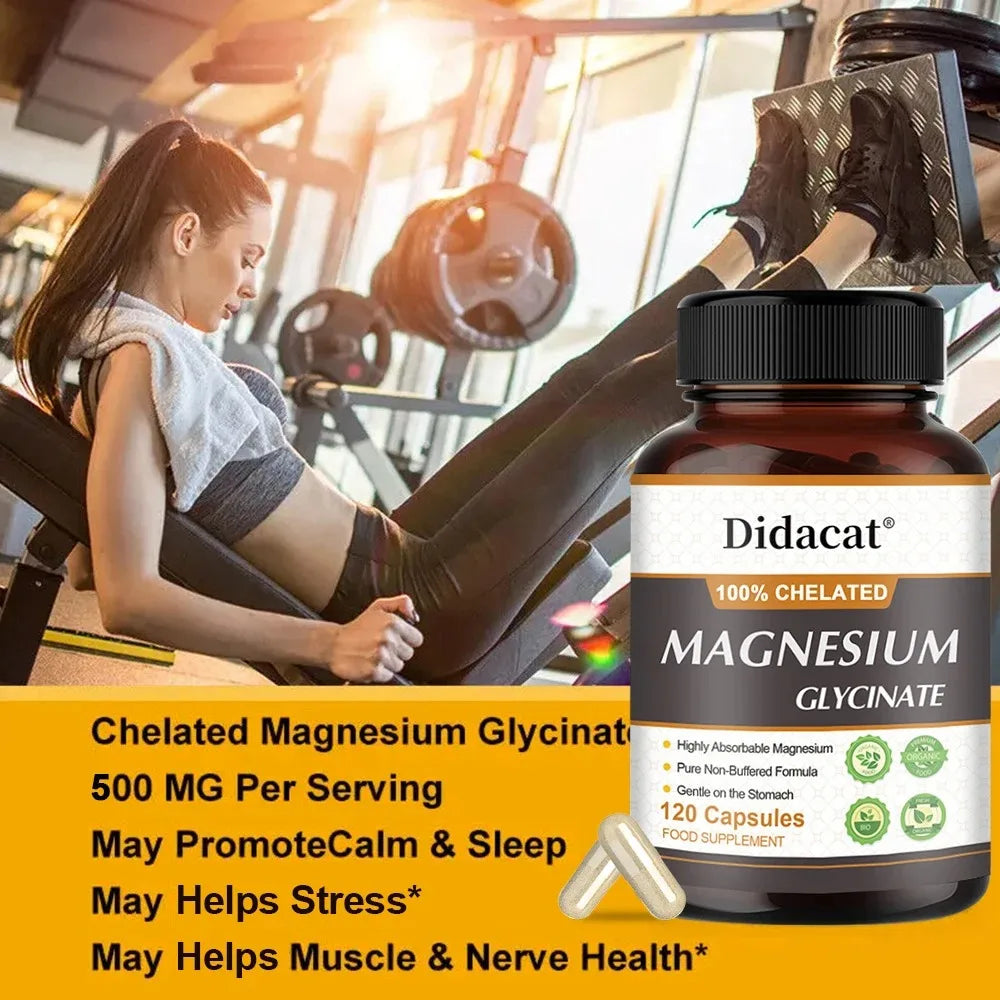 Chelated Magnesium Glycinate 500mg, Supports Muscle, Heart, and Nerve Health, Nutritional Supplement, 120 Capsules