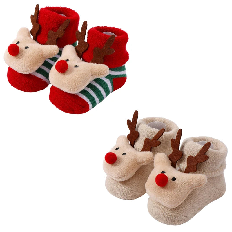 2 Pairs Kids Cotton Socks for Girls Boys Non-slip Toddler Baby Christmas Socks for Newborn Winter Warm New Year Infant Socks