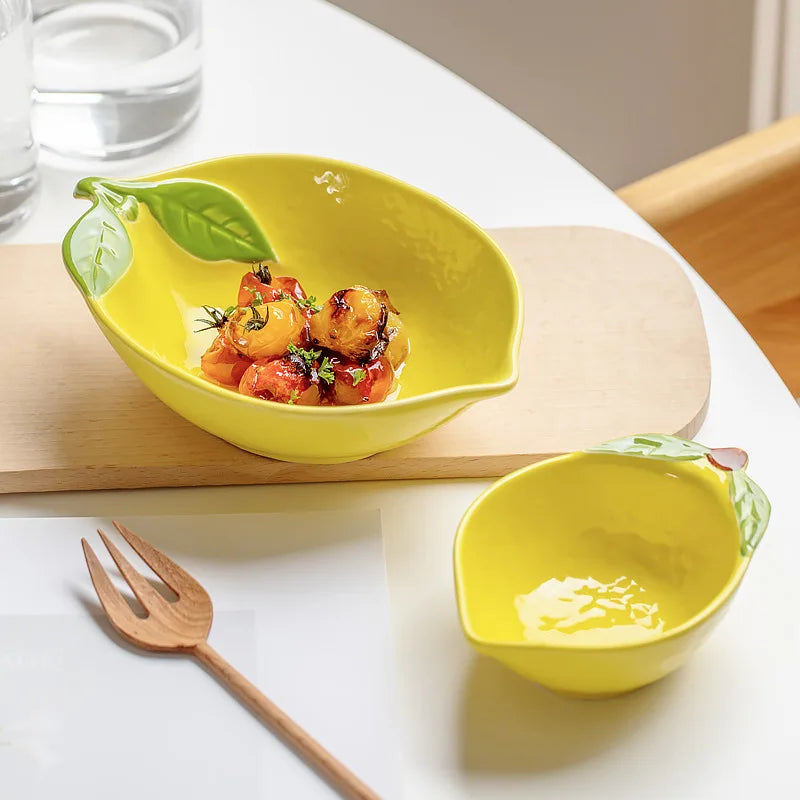 Creative Cartoon Lemon Shaped Ceramic Salad Bowl Soup Bowl Family Fruit Snack Plate Kitchen Utensils Accessories