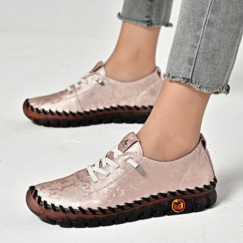 Print Fashion Sneakers Women Hand-stitching Leather Casual Shoes Design Platform Loafers Breathable Flats Shoe Driving Plus Size