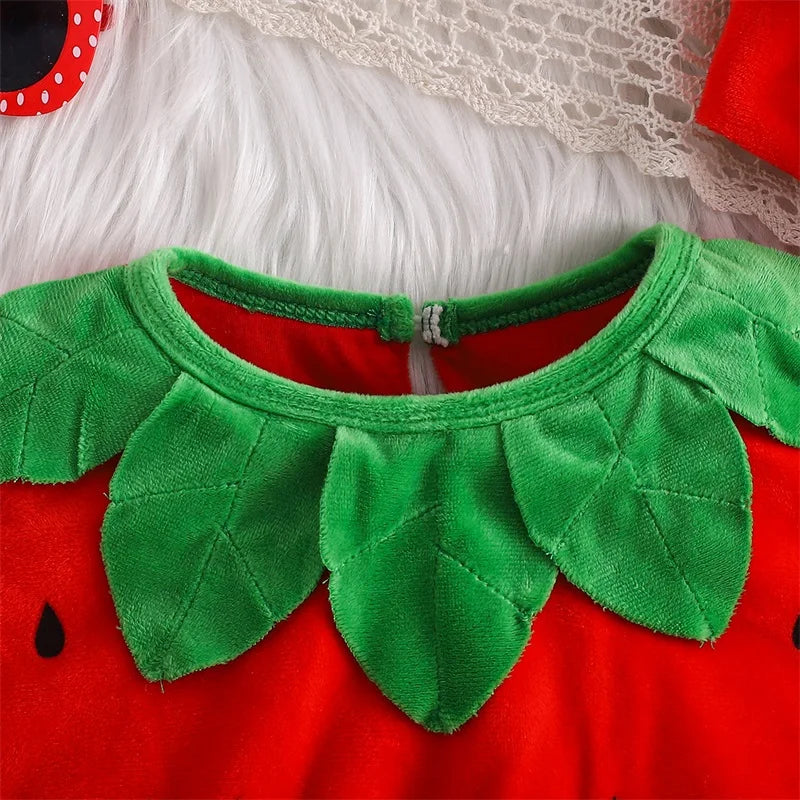 Infant Unisex Baby Halloween Costume Fruits Bodysuit Sleeveless Leaf Trim Strawberry Shape Romper with Hat