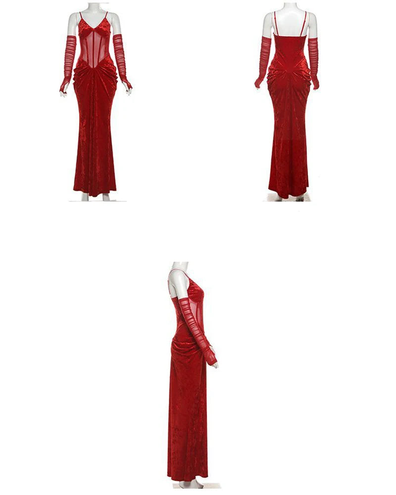 Fashion Velvet Women Camis Dress Y2K Sexy Slim Spaghetti Straps All Match Midi Dress Korean Chic Pleats Party Club Long Dress
