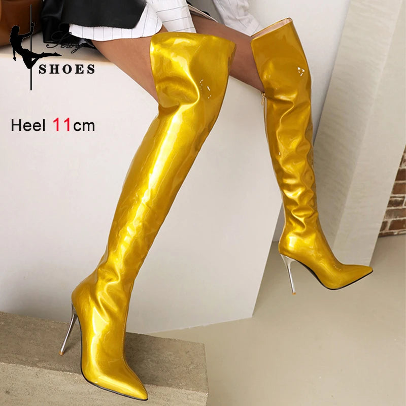 Long Boots for Women Dark Blue Pointed Toe Metal Stiletto Heel Patent Leather Over-the-Knee Female Shoes Large Size Short Plush