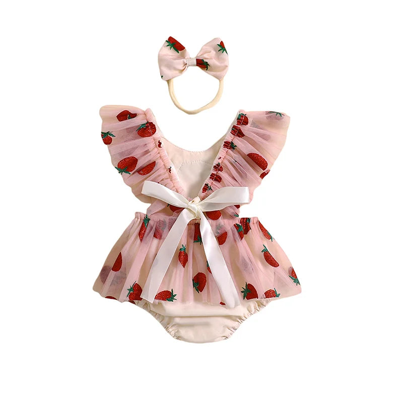 Baby Girl Summer Outfit, Strawberry Embroidery Fly Sleeve Romper Dress Bow Headband Toddler 2 Piece Set