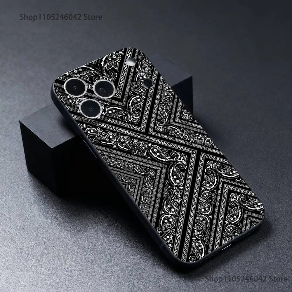 Bandana Pattern Phone Case For iPhone 17,16,15,14,13,12,11,Pro,XS,Max,XR,Plus,E,SE4,Mini Black Soft Cover