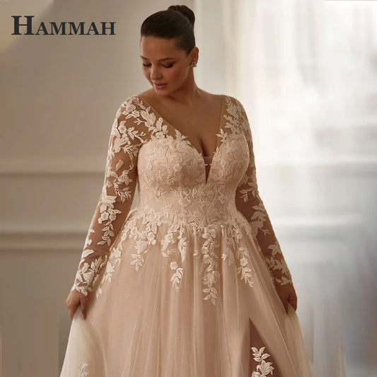 HAMMAH Trendy Long Sleeves Bridal Dress Slit Lace Appliques V-neck Zipper A-line Chapel Train Vestidos De Novia Customized