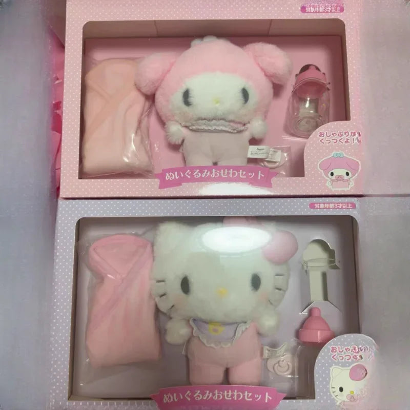2025 Sanrios Baby Pacifier Bottle Plush Set  Kuromi Hellokitty Cinnamoroll My Melody Baby Dress Up Suit Gifts Christmas Gifts