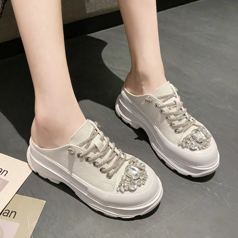 Women Shiny Rhinestones Shoes Four Seasons Casual Sneakers Women Stylish Sport Shoes Lace-Up Sports slippers zapatos mujer