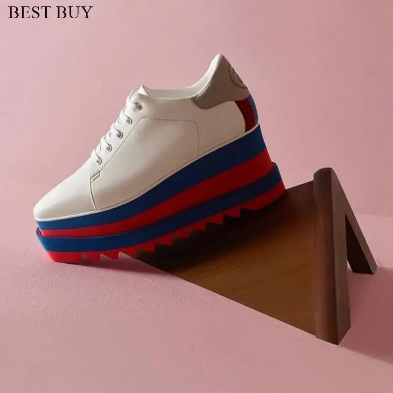 2024 Height Increasing Star Rivet Shoes Classic Platform Rose Gold sneakers Mix Color Square Toe Wedge Shoes Lace Up Lady Shoes