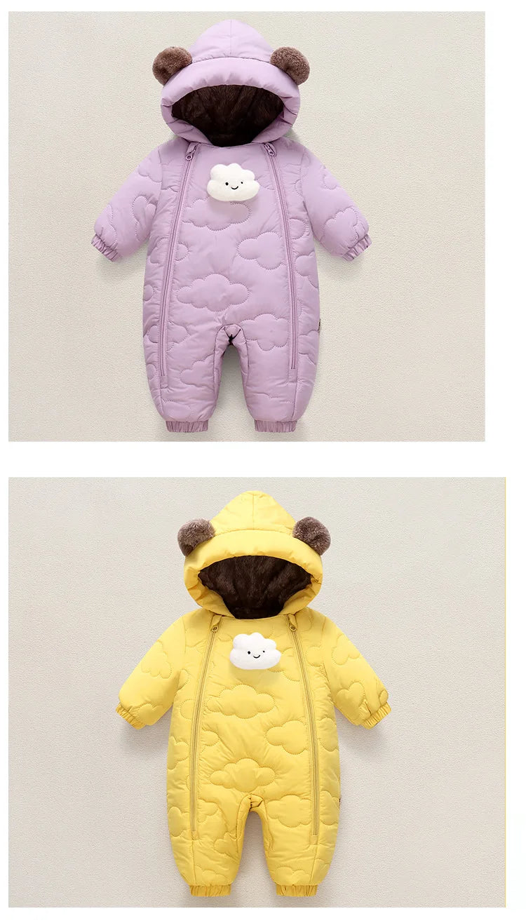 Toddler Baby Girl Boy Jumpsuit Thickened Fleece Lined Double-Layer Hooded Romper 0-2Y Cute Bear Ears Winter Warm Kids Snowsuit