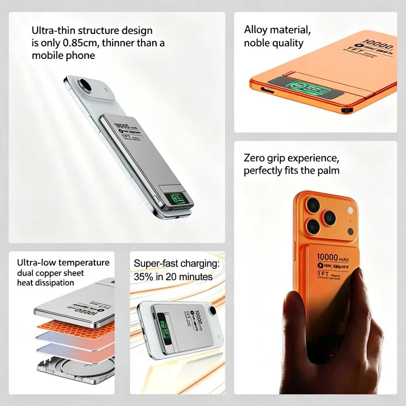 5000/10000mAh Slim and Portable Magnetic Power Bank with Bracket TFT Digital Display Wireless Fast Charging for Phones Watches