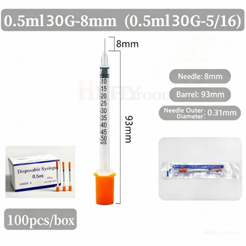 100pcs/box 0.3ml/0.5ml/1ml Disposable Sterile Syringes with 31G 6mm 8mm 29G 13mm 30G Needles for Lab Measuring Pet Feeding