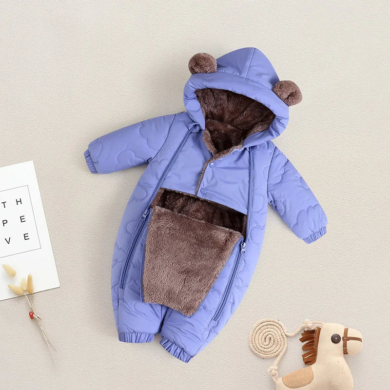 Toddler Baby Girl Boy Jumpsuit Thickened Fleece Lined Double-Layer Hooded Romper 0-2Y Cute Bear Ears Winter Warm Kids Snowsuit