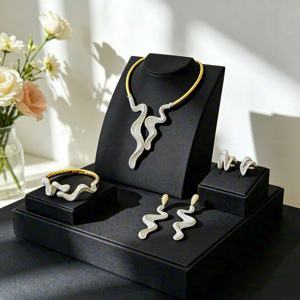 GODKI Luxury 4PCS Wave Design Nigeria Bangle Ring Necklace Earrings Sets For Women Wedding Zircon Dress Necklace Earring Sets