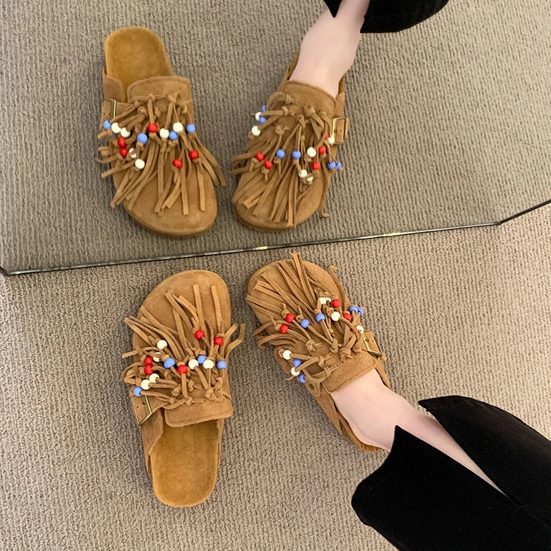 2025 Women Mules Shoes Flats Suede Women's Sandals Fringes Summer Fashion Slippers Walking Dress Cozy