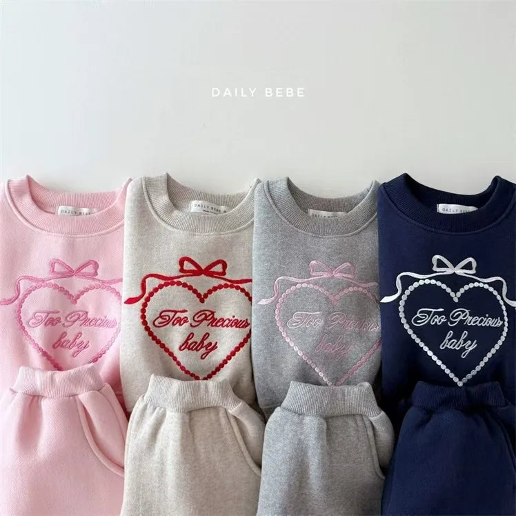 2025 Spring New Children Long Sleeve Clothes Set Baby Girls Heart Embroidery Sweatshirt + Pants 2pcs Suit Kids Sports Outfits