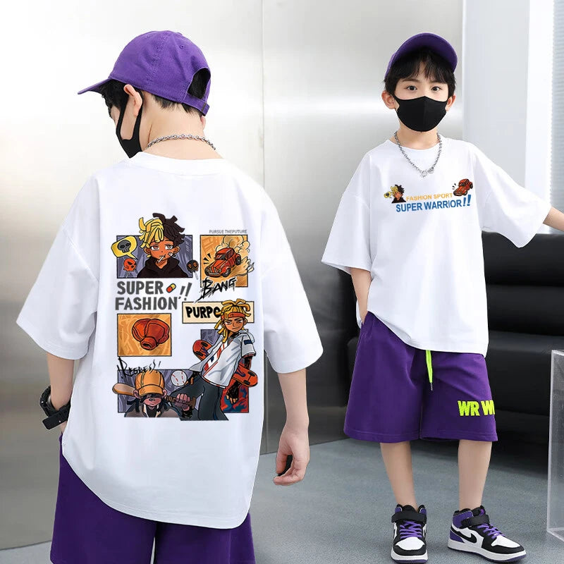 100% Cotton Boys T-shirt Summer Streetwear Cool Graffiti Print Girls Tees Short Sleeve Children Tops High Quality Kids Clothes