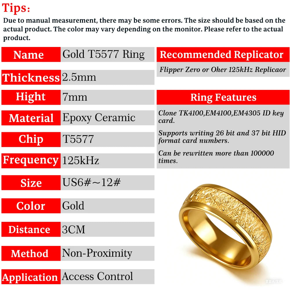 RFID 125kHz T5577 Chip Gold Epoxy Resin Ceramic Smart Ring for TK4100/EM4100 Access Control Card,Men and Women Accessories