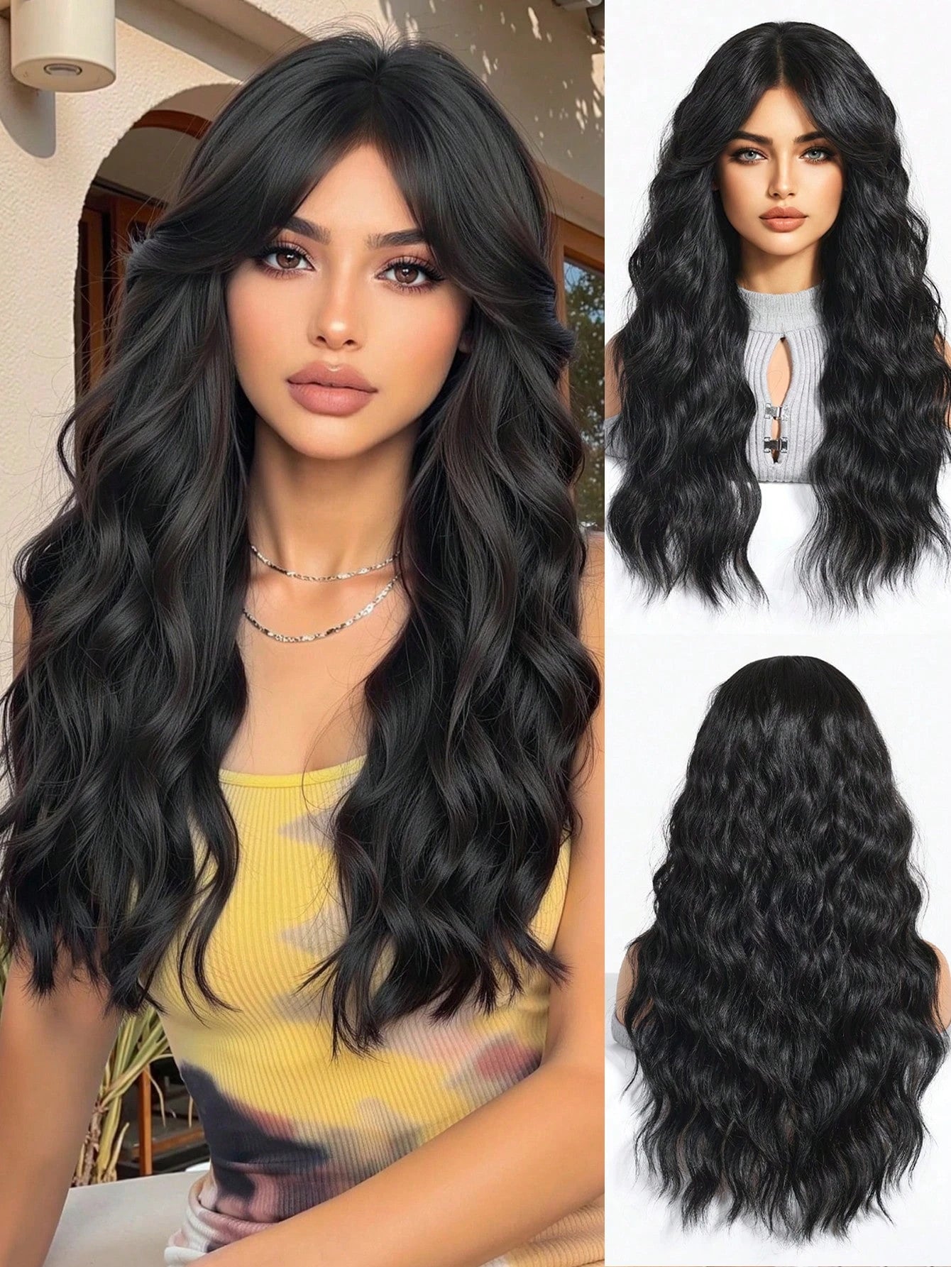 Long Wavy Women's Wig with Bangs, Black Wig, Curtain-Style Bangs Wig, Layered, 24inch Inches Long, Black Curly Wig, Exclusively for Women, Natural-Looking Synthetic Wig, Suitable for Daily Use, Parties, and Cosplay