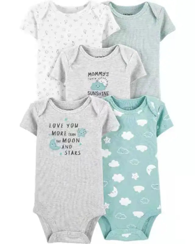 Summer Baby Romper 5pcs Set, Newborn Short Sleeve Onesies, Unisex Infant Bodysuit,  Cotton Sling, 0-1Y