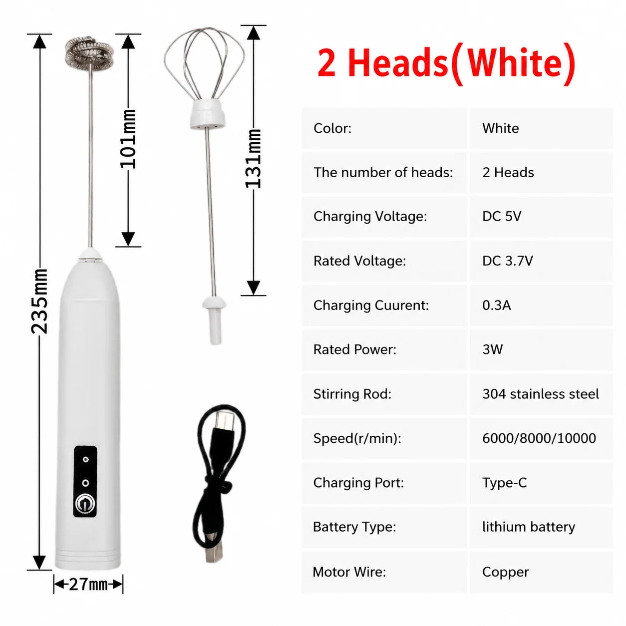 Electric Coffee Frother 2 In 1 Rechargeable Type-C Blender Stainless Steel 3 Speeds Milk Mixer Egg Beater Handheld Foam Maker