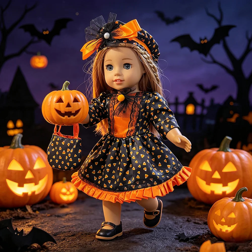 Halloween Doll Costume Outfit Suitable for 18 Inch Dolls. Doll Holiday Costume Set with Three Pieces and Doll Accessories