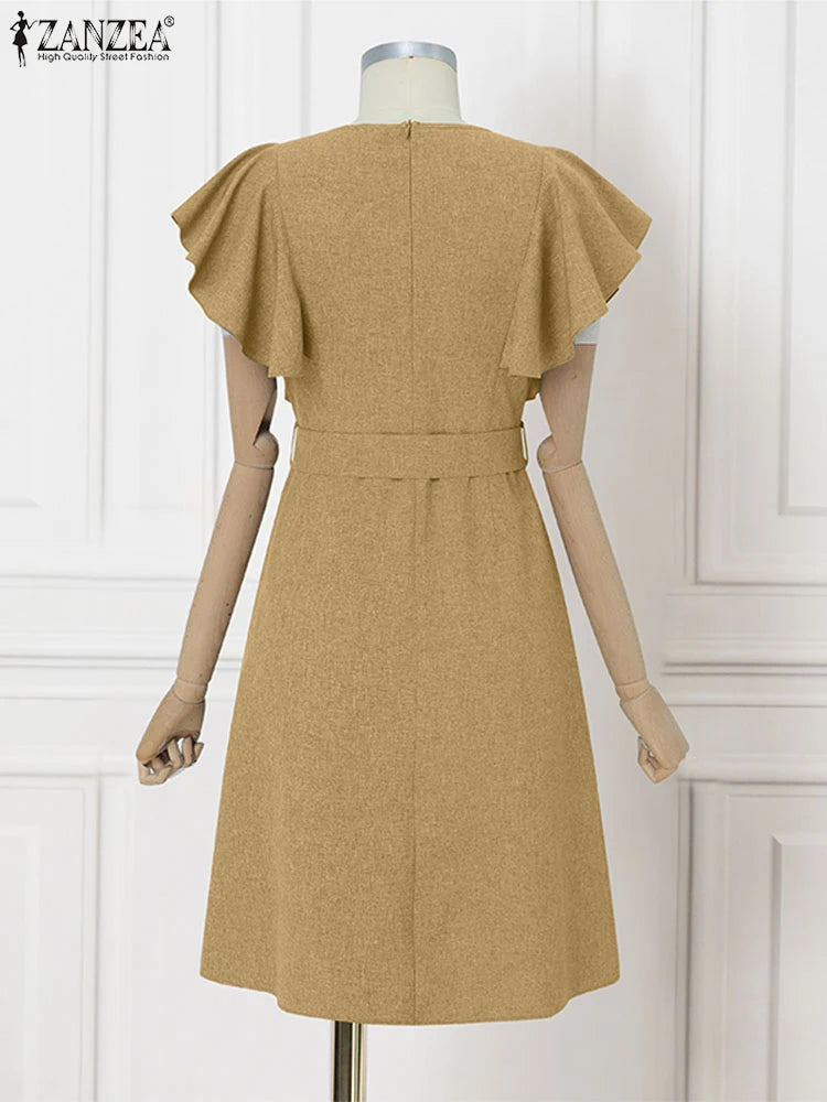 ZANZEA Elegant Women Office Lady Dress Summer Short Sleeve Ruffled Vestidos Casual Solid Color Square Collar Party Midi Sundress