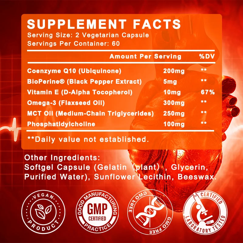 COQ10 Coenzyme Q10 200mg for Energy, Antioxidant, Cardiovascular, Brain Health Natural Non-GMO