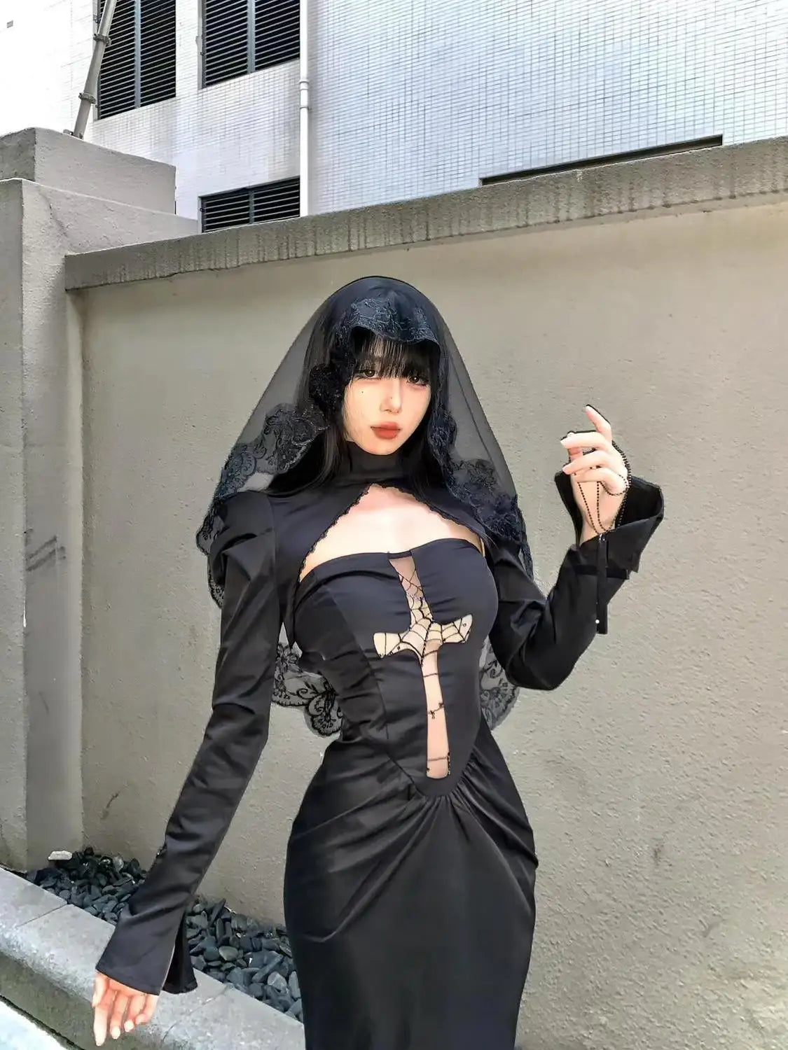 Winter Gothic Black Midi Dress Women Lace Veil Cross Decor Long Sleeve Slim-Fit Party Dress Female Halloween Cosplay Outfit 2025