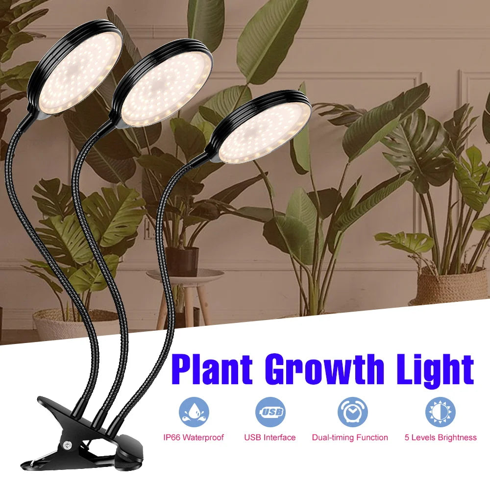 LED Grow Light Full Spectrum Dimmable With Timing Auto On/Off USB 5V Waterproof Plant Hydroponics Cultivation Lamp 1/2/3/4 Heads