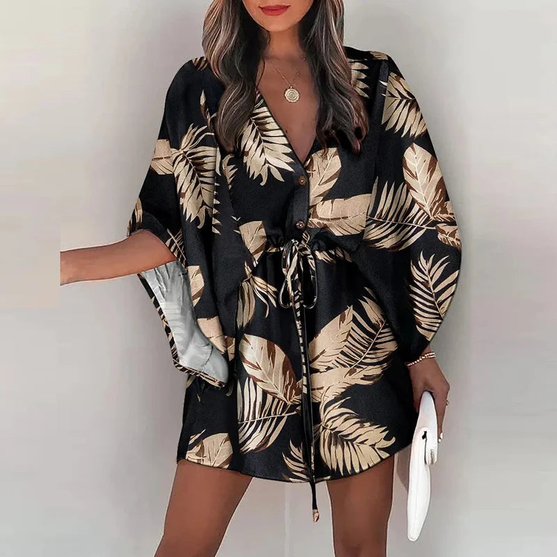 Women Casual Loose Dress Beach Boho Dress Fashion Vintage Print V Neck Drawstring Mini Dress Summer Dresses Robe Femme 2022