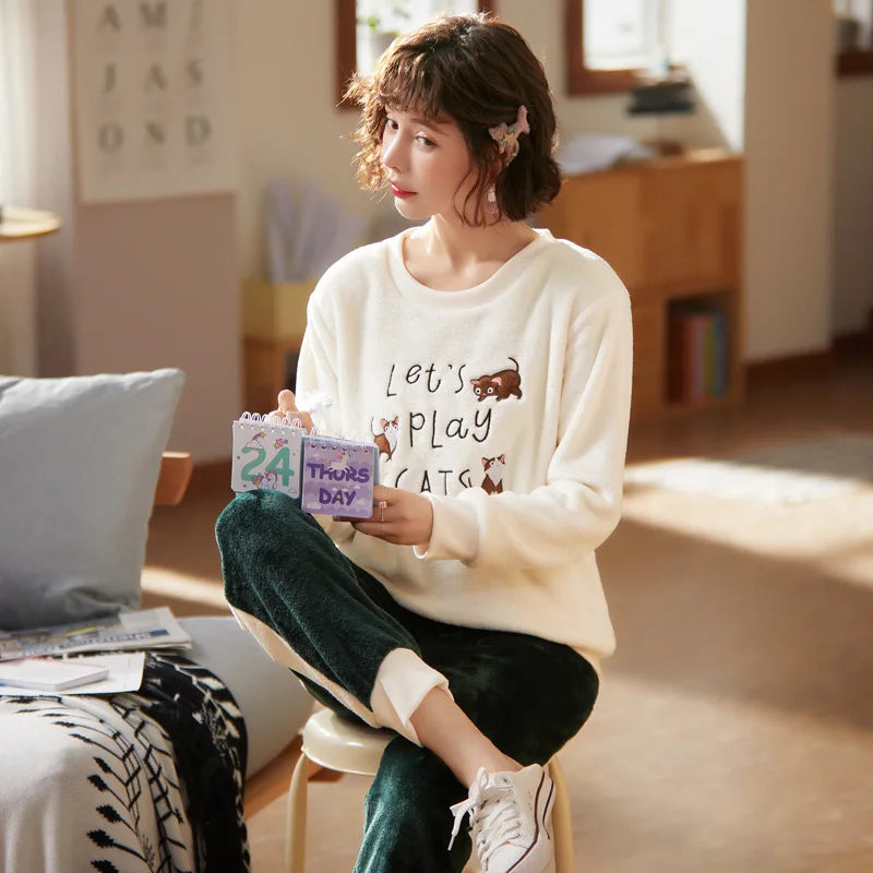 Autumn Long Sleeve flannel Maternity Clothing winter Thin coral fleece Pajamas Set Pregnant Women Breastfeeding Nursing Pyjama
