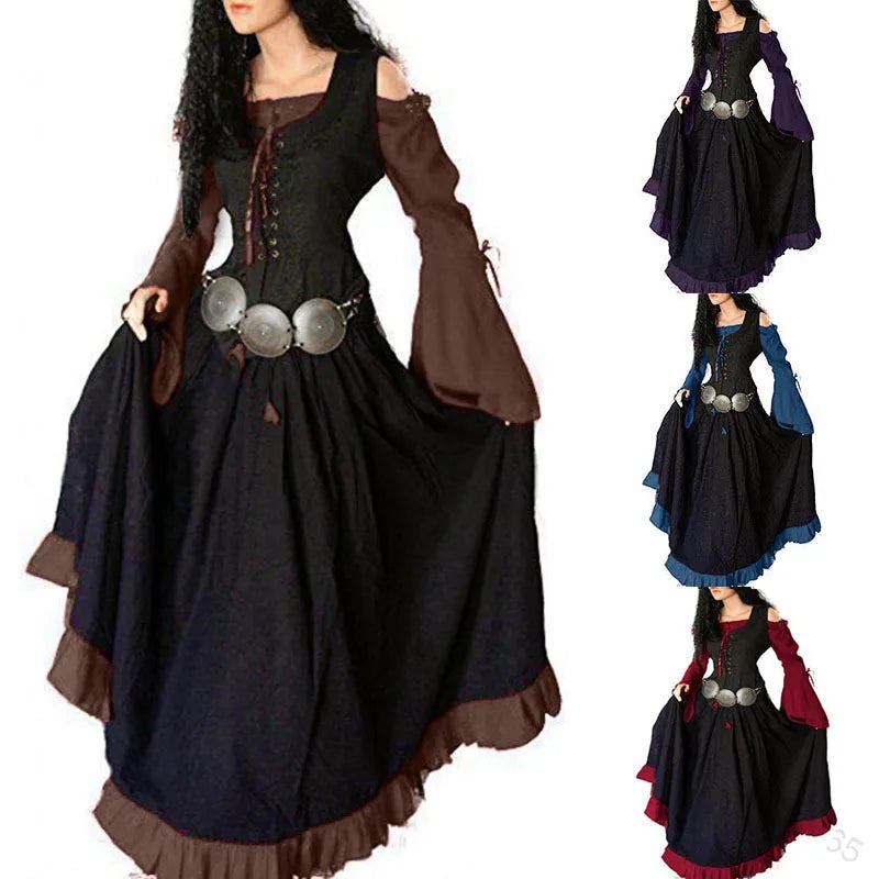 Halloween 2025 Women's Medieval Pirate Retro Slim Dress One-shoulder Large Flared Sleeves Long Skirt Stage Show Cosplay Costumes