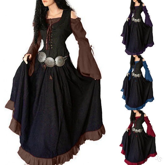 Halloween 2025 Women's Medieval Pirate Retro Slim Dress One-shoulder Large Flared Sleeves Long Skirt Stage Show Cosplay Costumes