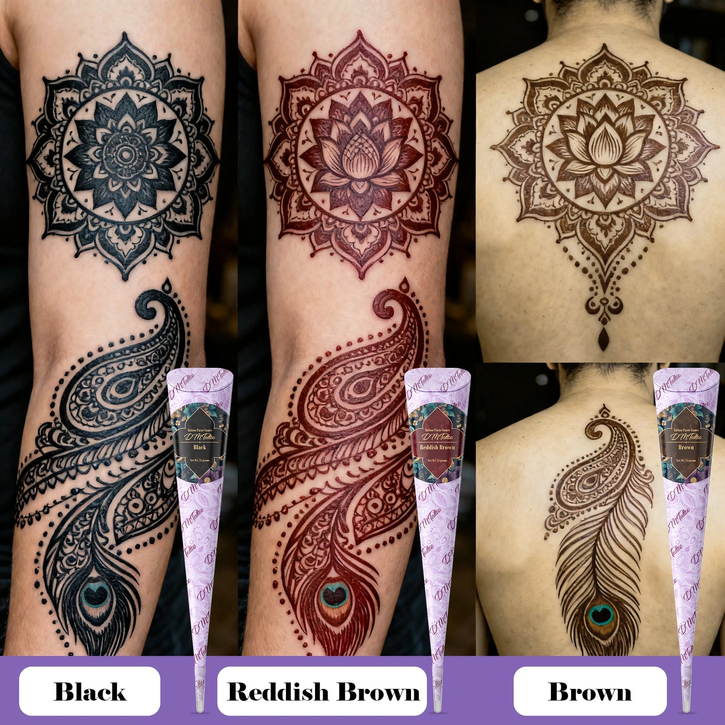 Temporary Tattoos Stencils Kit 3 Color(Brown Black Maroon) Ink with Gloves DIY Body Art Painting for Women Men Adults Kids