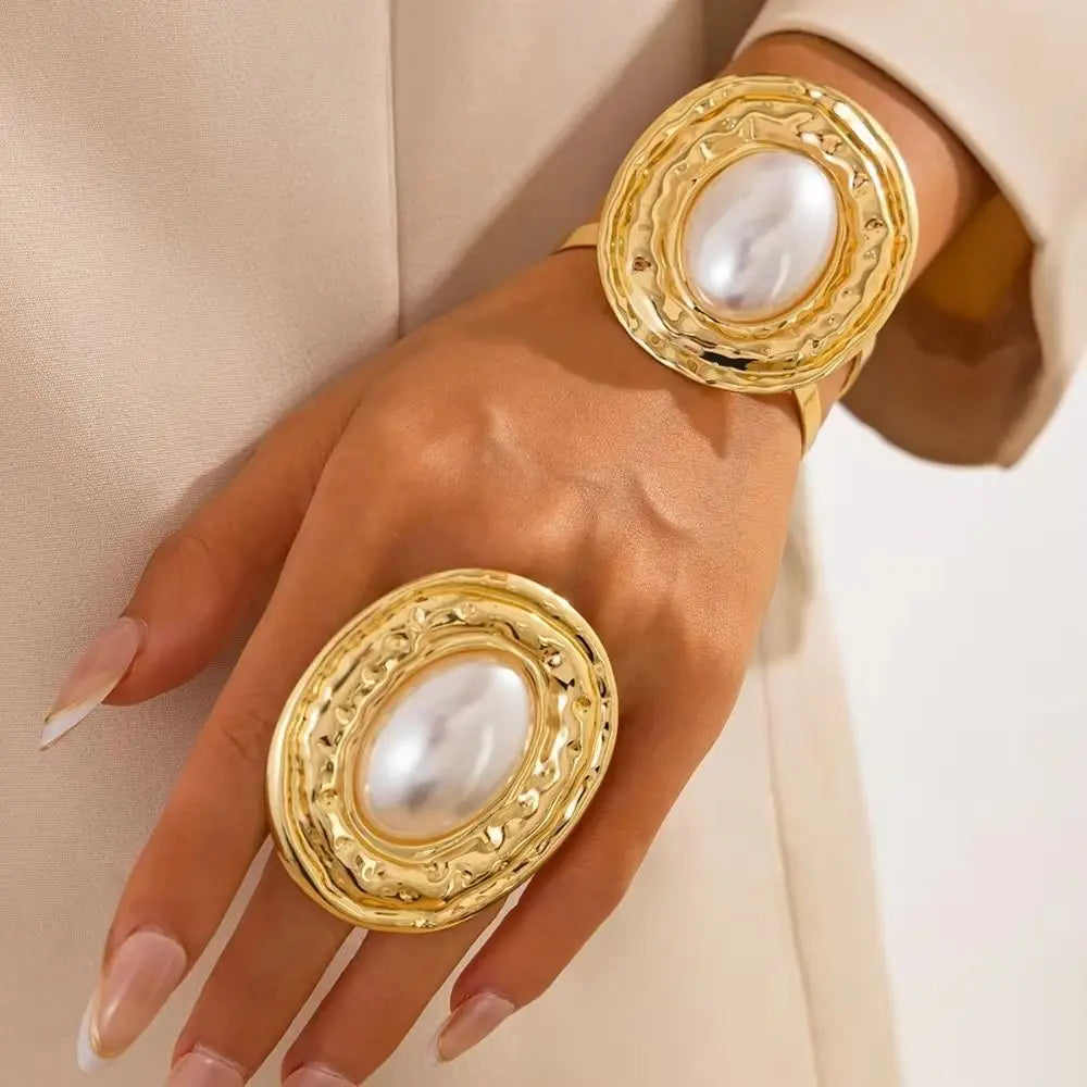 2pcs/set Exaggerated Bracelets Rings Set Irregular Geometric Jewelry Sets Gold Silver Color Elliptical Wide Bracelets