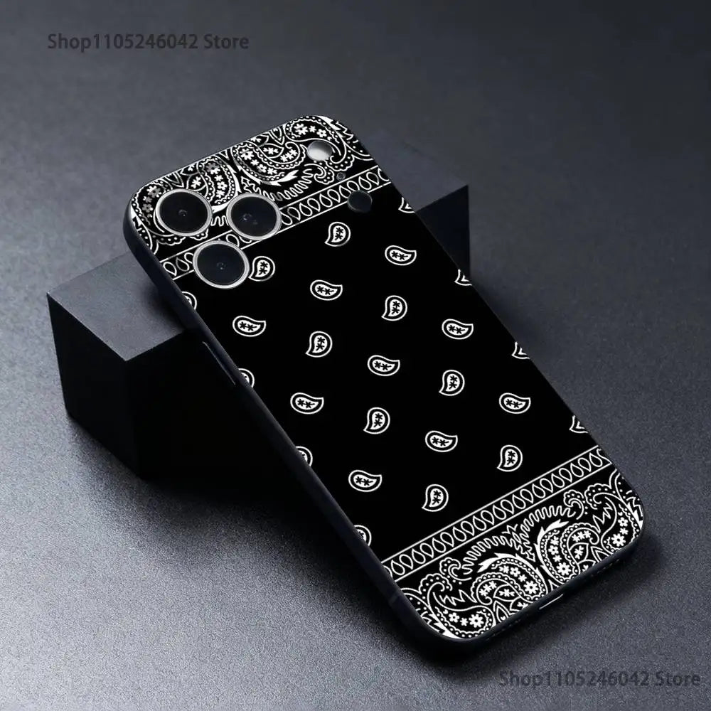 Bandana Pattern Phone Case For iPhone 17,16,15,14,13,12,11,Pro,XS,Max,XR,Plus,E,SE4,Mini Black Soft Cover