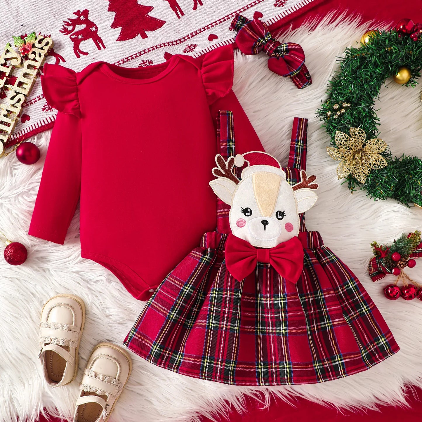 Prowow Baby Girls Christmas Outfits Set Red Bodysuit+Plaid Deer Suspender Dress Set 3pcs My First New Year Costume For Baby 2026