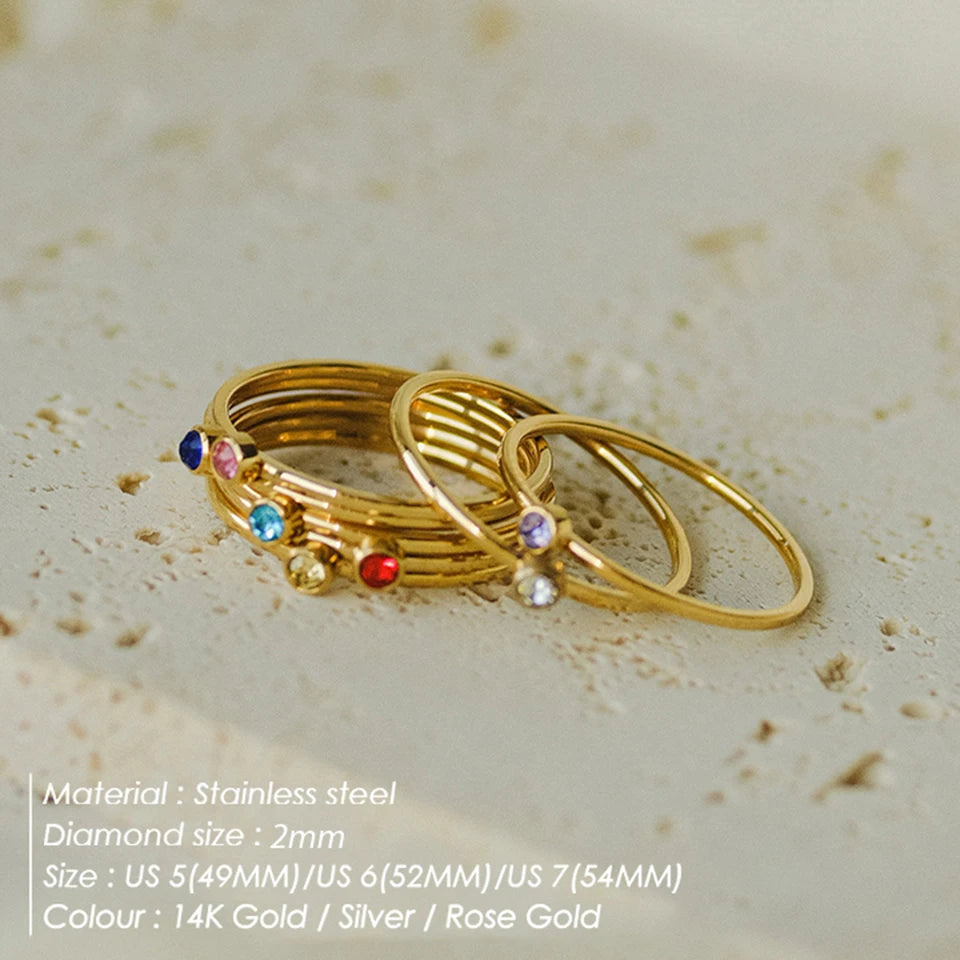 14K Gold Plated Stainless Steel Birthstone Ring for Women Tiny Thin Stacking Ring Colorful Zircon Crystal Aesthetic Jewelry Gift